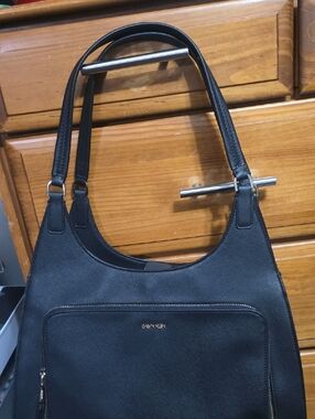 Calvin Klein Black Saffiano Leather Shoulder Bag with Gold Hardware